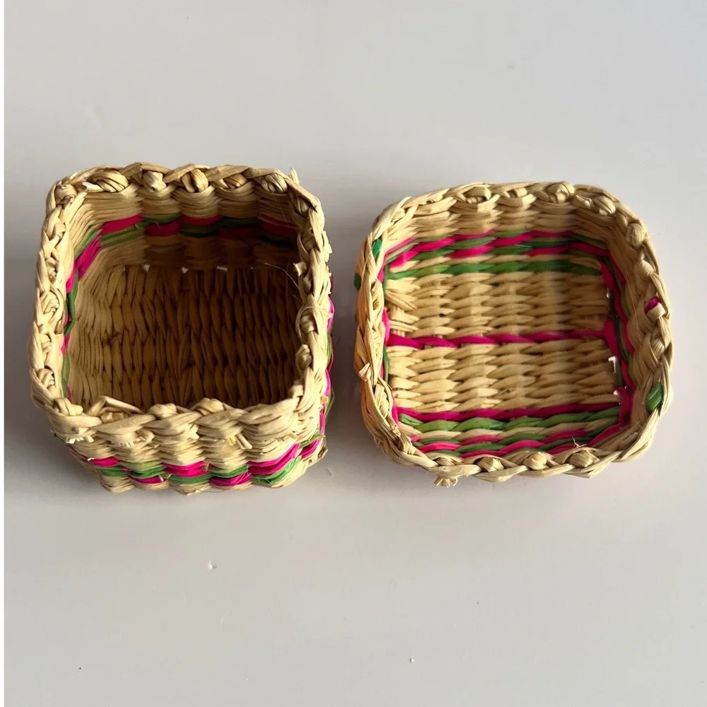 Vintage Miniature Woven Straw Trinket Baskets Set of 2 Boho Folk Art Boxes